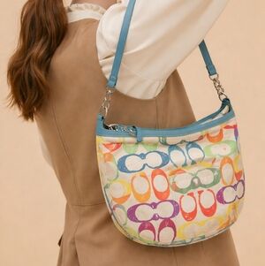 Coach Scribble Multicolor Canvas Hobo Bag Turquoise Leather Trim L04J-5658